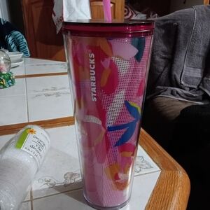 Starbucks Pink Multi-Color Floral Pattern Reusable Tumbler with Straw